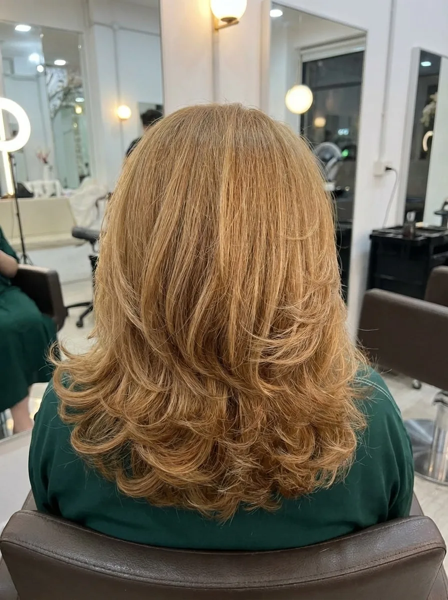 Medium Voluminous Warm Caramel Brown Wavy Layers for Round Faces